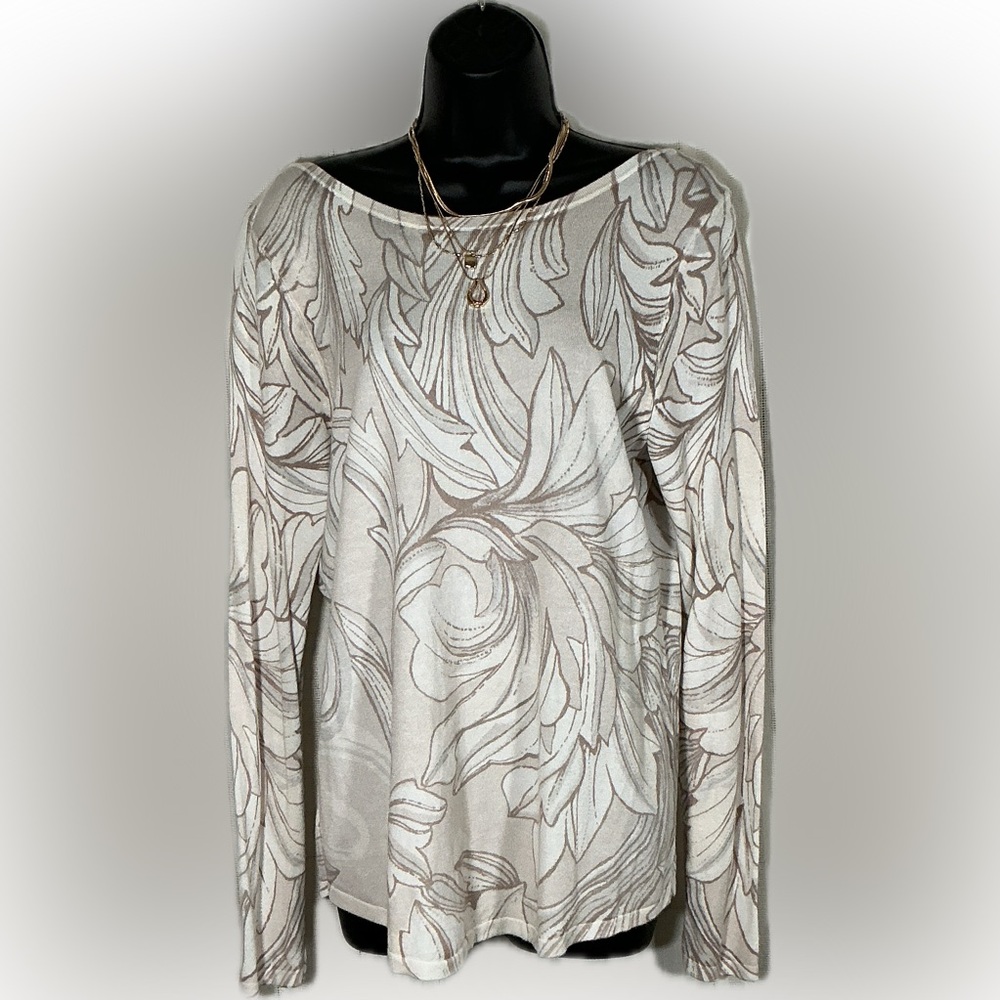 Chico’s Cream Taupe Abstract Print Long Sleeve Boatneck Top size 1